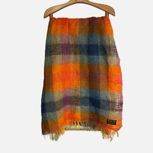 Vintage Mohair Pile Wool Blanket Throw Plaid Orange Blue Green Purple Fringe
